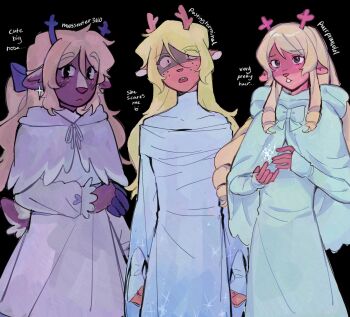 1girl animal_ears animal_nose antlers black_eyes blonde_hair borrowed_design brown_eyes capelet commentary deer_antlers deer_ears deer_girl deltarune english_commentary english_text furry furry_female goomyloid highres hood hooded_capelet horns long_hair multiple_views noelle_holiday noelle_holiday_(dark_world) open_mouth ringlets robe sidelocks turtleneck utdr_(toby_fox) white_capelet white_robe