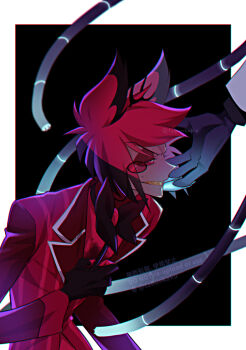1boy alastor_(hazbin_hotel) animal_ears antlers black_bow black_bowtie blood blood_on_clothes bow bowtie clutching_chest colored_extremities colored_sclera colored_teeth deer_antlers deer_ears eyewear_strap hazbin_hotel hellaverse horns jacket male_focus monocle red_eyes red_hair red_jacket red_sclera red_shirt sharp_teeth shirt short_hair solo_focus sweat tabunkaku teeth vox_(hazbin_hotel) yellow_teeth