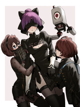 1boy 2b_(nier:automata) 2b_(nier:automata)_(cosplay) 2girls 9s_(nier:automata) 9s_(nier:automata)_(cosplay) arm_hug bag black_bow black_dress black_gloves black_jacket black_pants black_thighhighs black_veil blindfold blue_bag blue_eyes bodystocking border bow breasts brown_hair cleavage_cutout closed_mouth clothing_cutout commentary cosplay covered_eyes cowboy_shot crossover dress dutch_angle floating gegege_no_kitarou gloves hair_bow hair_bun highres holding_hands inuyama_mana jacket kitarou leotard looking_at_another medama_oyaji medama_oyaji_(cosplay) medium_breasts mouth_veil multiple_girls nekomusume nekomusume_(gegege_no_kitarou_6) nier:automata nier_(series) non-humanoid_robot open_mouth operator_21o operator_21o_(cosplay) outside_border pants parted_lips pink_background pod_(nier:automata) purple_hair robot short_hair side_slit silanduqiaocui simple_background sleeveless sleeveless_dress smile standing thighhighs veil white_border white_leotard