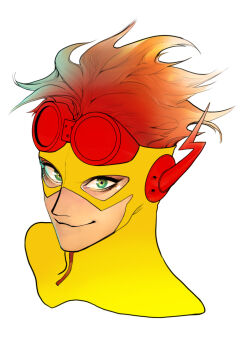 1boy closed_mouth cropped_shoulders dc_comics flat_color goggles goggles_on_head green_eyes highres kid_flash latex looking_at_viewer male_focus mask orange_hair pigeon666 simple_background smile solo superhero_costume textless_version white_background young_justice