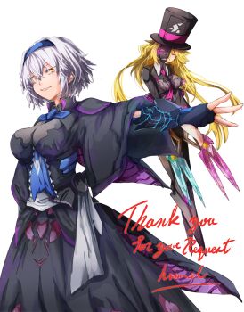 Rule 34 | 2girls, absurdres, alice margatroid, alternate costume, black capelet, black dress, black gloves, black hat, black shirt, black skirt, blonde hair, blue hairband, breasts, capelet, commentary request, commission, dress, fingerless gloves, gloves, hairband, hat, highres, large breasts, long hair, looking at viewer, multiple girls, nuru himmel, orange eyes, parted lips, shirt, short hair, simple background, skeb commission, skirt, top hat, touhou, white background, white hair