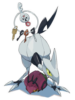3others antennae bird bug colored_sclera gen_2_pokemon gen_5_pokemon gen_6_pokemon highres key keyring klefki looking_at_viewer mashita._(mentaiko_omoti) metal_wings multiple_others nintendo no_humans pokemon pokemon_(creature) skarmory standing_over venipede white_background wings yellow_eyes