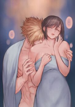 1boy 1girl abs after_bathing bare_shoulders black_hair blonde_hair breasts cleavage closed_eyes closed_mouth cloud_strife collarbone commentary couple cowboy_shot english_commentary final_fantasy final_fantasy_vii gradient_background hair_up hand_on_another&#039;s_arm heads_together heart hetero kiss kiss_from_behind kissing_neck large_breasts linono lips long_hair muscular muscular_male naked_towel pink_lips short_hair spiked_hair tifa_lockhart towel towel_around_neck wet