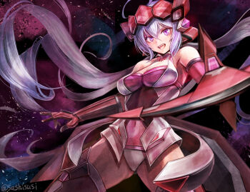 1girl ahoge aiming aiming_at_viewer armor bare_shoulders bodysuit boots bow_(weapon) breasts cleavage commentary_request cowboy_shot crossbow elbow_gloves floating_hair gloves hair_between_eyes holding holding_crossbow holding_weapon long_hair looking_at_viewer low_twintails medium_breasts navel open_mouth purple_eyes senki_zesshou_symphogear smile solo space sushi_(sashimise) thigh_boots twintails twitter_username very_long_hair weapon white_hair yukine_chris
