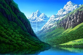 blue_sky building day hariken hashtag-only_commentary highres mountain nature no_humans original outdoors river scenery sky water