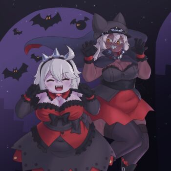 2girls alternate_body_size black_gloves black_hairband breasts claw_pose cleavage clenched_teeth closed_eyes commentary covered_navel elphelt_valentine english_commentary fangs feet_out_of_frame gloves guilty_gear hair_between_eyes hairband halloween hat highres large_breasts multiple_girls night night_sky open_mouth plump ramlethal_valentine scarlet_evergleam sky star_(sky) starry_sky teeth thick_thighs thighhighs thighs white_hair yellow_eyes