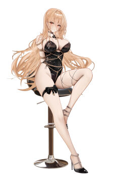1girl absurdres alternate_costume arms_behind_back awaji azur_lane bdsm black_bow black_leotard blonde_hair bondage bound bound_arms bow breast_bondage breasts chair commentary crotch_rope english_commentary full_body hair_between_eyes high_heels highleg highleg_leotard highres implacable_(azur_lane) large_breasts leotard long_hair long_hair_between_eyes on_chair playboy_bunny red_eyes shibari shibari_over_clothes simple_background sitting solo thigh_bow very_long_hair white_background