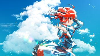 Rule 34 | 1girl, absurdres, ahoge, black skirt, closed mouth, cloud, drill hair, fingernails, from side, grey jacket, grey skirt, hair between eyes, hair ribbon, hands up, highres, jacket, kasane teto, kasane teto (sv), layered skirt, layered sleeves, long sleeves, midriff peek, mp777b, red nails, red skirt, red trim, ribbon, simple background, skirt, solo, synthesizer v, twin drills, utau, white background, white ribbon