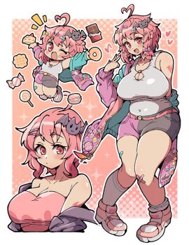 Rule 34 | 1girl, ahoge, bandaid, bandaid on knee, bandaid on leg, bare shoulders, bat hair ornament, blush, border, breasts, cake, cake slice, candy, candy wrapper, chibi, chibi inset, chocolate, chocolate bar, choppy bangs, cleavage, closed mouth, commentary request, commission, cookie, donut, food, hair ornament, hairclip, hand up, happy, heart, heart ahoge, highres, holding, holding cake, holding donut, holding food, itsuka neru, large breasts, lollipop, long sleeves, looking at viewer, macaron, multiple views, one eye closed, open mouth, original, outside border, pink background, pink eyes, pink hair, pink shirt, pink shoes, plump, shirt, shoes, short hair, single bare shoulder, skeb commission, smile, sweets, swirl lollipop, tank top, w, white border, white tank top, wrapped candy