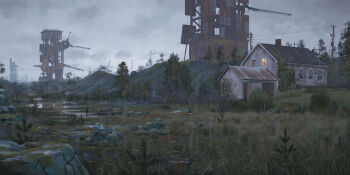 architecture building crane_(machine) cross dilapidated grass highres latin_cross moss no_humans outdoors power_lines rain reflection reflective_liquid rock scaffolding science_fiction simon_stalenhag sky things_from_the_flood tower utility_pole water window