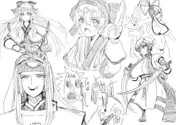Rule 34 | 2boys, 5girls, ainu clothes, annoyed, archery, bikini, blood, blood in mouth, breasts, cleavage, closed eyes, crossover, fingerless gloves, gloves, hair ribbon, half-closed eyes, highres, japanese clothes, large breasts, legs, long hair, majikina mina, miko, monochrome, mudman (world heroes), multiple boys, multiple girls, nakoruru, navel, rashoujin mizuki, ribbon, rimururu, samurai spirits, sarong, serious, shiki (samurai spirits), siblings, sisters, sketch, small breasts, smile, snk, swimsuit, tachibana ukyou, thick thighs, thighs, thong bikini, toned, traditional media, world heroes
