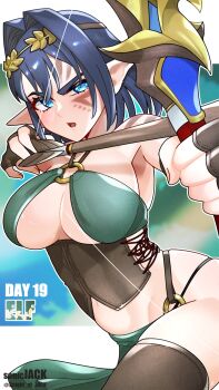 1girl arrow_(projectile) blue_eyes blue_hair bow_(weapon) drawing_bow elf facial_mark fingerless_gloves gloves hair_intakes highres holding holding_bow_(weapon) holding_weapon hololive hololive_english knight_of_jack long_pointy_ears o-ring ouro_kronii pointy_ears short_hair thighhighs tiara virtual_youtuber weapon