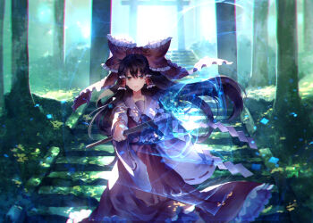 Rule 34 | 1girl, ascot, backlighting, black hair, bow, cowboy shot, dappled sunlight, day, detached sleeves, female focus, forest, frilled skirt, frills, gohei, hair between eyes, hair bow, hair tubes, hakurei reimu, highres, long hair, long sleeves, looking at viewer, nature, nontraditional miko, parted lips, red bow, red eyes, red shirt, red skirt, ribbon-trimmed sleeves, ribbon trim, shirt, skirt, skirt set, sleeveless, sleeveless shirt, smile, solo, stairs, sunakumo, sunlight, torii, touhou, very long hair, wide sleeves