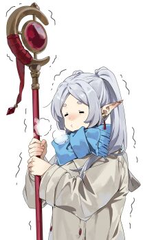 Rule 34 | 1girl, = =, blue scarf, blush, breath, brown coat, coat, cold, commentary request, earrings, elf, frieren, grey hair, hair over shoulder, highres, holding, holding staff, jewelry, kamu (kamuuei), long hair, long pointy ears, long sleeves, mage staff, motion lines, parted bangs, pointy ears, scarf, short eyebrows, simple background, solo, sousou no frieren, staff, teardrop earrings, trembling, upper body, white background, winter clothes, winter coat