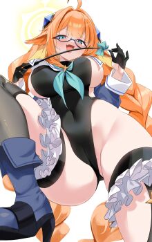 1girl ahoge black_leotard black_thighhighs blue_archive blue_eyes blue_shoes blue_shrug blush braid breasts covered_navel fang green_neckerchief green_ribbon groin halo highleg highleg_leotard highres large_breasts leotard long_hair looking_at_viewer neckerchief open_mouth orange_hair ragnaveldt ribbon sailor_collar shimiko_(blue_archive) shimiko_(magical)_(blue_archive) shoes shrug_(clothing) sideboob skin_fang solo thighhighs thighs twin_braids very_long_hair white_sailor_collar yellow_halo