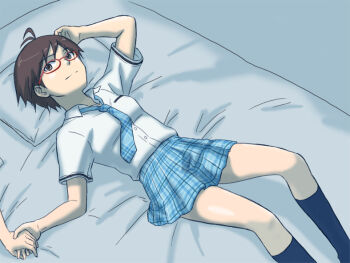 black_hair brown_eyes glasses idolmaster idolmaster_(classic) kikuchi_makoto lying necktie plaid_clothes plaid_necktie plaid_skirt rough_time_school school_uniform short_hair skirt solo sv