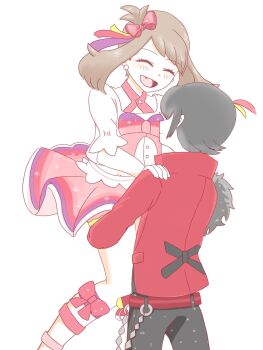 1boy 1girl bad_tag belt black_hair black_pants blush bow brendan_(pokemon) brown_hair carrying closed_eyes dress fang hair_bow highres holding hug ki_(6zxopyd3r) may_(contest)_(pokemon) may_(pokemon) medium_hair nintendo open_mouth pants pink_bow pink_dress pokemon pokemon_adventures red_shirt shirt simple_background smile white_background