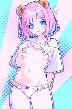 1girl absurdres animal_ears areola_slip arm_behind_back artist_name bandaid bandaids_on_nipples bear_ears blue_eyes bow bow_panties breasts closed_mouth clothes_lift collarbone cowboy_shot finn_flint frilled_panties frills highres indie_virtual_youtuber looking_at_viewer navel no_bra outline panties pasties pink_hair purple_outline sati_akura shirt_lift short_hair sidelocks single_bare_shoulder small_breasts smile stomach tongue tongue_out underwear variant_set virtual_youtuber white_outline white_panties