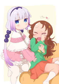 2girls beads blue_eyes child closed_eyes commentary_request dress embarrassed gradient_hair grey_hair hair_beads hair_ornament hand_on_another&#039;s_stomach heart highres kanna_kamui kobayashi-san_chi_no_maidragon long_sleeves looking_at_viewer multicolored_hair multiple_girls open_mouth pink_dress puffy_sleeves purple_hair red_skirt saikawa_riko samansa_ex sitting skirt socks sphere_hair_ornament standing standing_on_one_leg tabayan_jigokuhen thighhighs translation_request white_socks white_thighhighs