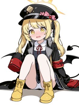 1girl armband black_dress black_hat black_jacket black_ribbon blonde_hair blue_archive blush boots bow crotch_seam demon_girl demon_tail demon_wings dress embarrassed flat_chest hair_ribbon halo hat hat_bow hat_ornament heart heart_hat_ornament ibuki_(blue_archive) jacket loli long_hair long_sleeves looking_at_viewer neck_ribbon open_clothes open_jacket open_mouth panties peaked_cap pink_bow plaid_bow pointy_ears red_ribbon ribbon shirt shishiejo_(sisieho1) sitting sleeveless sleeveless_dress sleeves_past_fingers sleeves_past_wrists sweat tail twintails underwear white_background white_panties white_shirt wings yellow_boots yellow_eyes