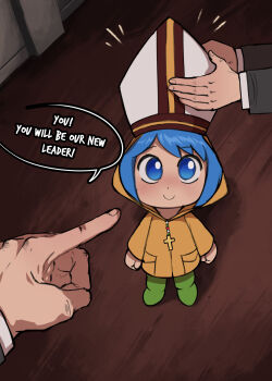 1girl 2boys absurdres adjusting_another&#039;s_clothes adjusting_clothes adjusting_headwear black_jacket blue_eyes blue_hair blush bob_cut boots brown_trim c: closed_mouth commentary cross cross_necklace dress_shirt english_commentary english_text from_above g_reaper green_boots hat highres hood hood_up jacket jewelry jubilee_2025 light_blush long_sleeves looking_up luce_(jubilee_2025) mitre multiple_boys necklace nose_blush notice_lines pointing pointing_at_another pope pov pov_hands raincoat real_life rosary rubber_boots shirt short_hair smile solo solo_focus speech_bubble suit_jacket upturned_eyes white_hat white_shirt yellow_raincoat yellow_trim