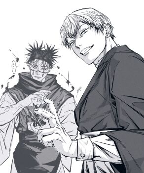 Rule 34 | 2boys, choso (jujutsu kaisen), closed mouth, ear piercing, earrings, facial mark, greyscale, hemokinesis, highres, japanese clothes, jewelry, jozpic, jujutsu kaisen, looking at viewer, male focus, monochrome, multiple boys, piercing, short hair, short twintails, signature, simple background, smile, twintails, white background, zen'in naoya