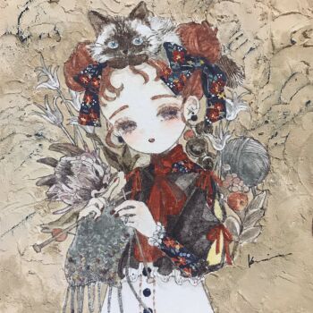 Rule 34 | 1girl, acrylic paint (medium), animal, animal on head, bare shoulders, blouse, blush, bow, bowtie, brown background, brown eyes, cat, cat on head, commentary request, curly hair, earrings, expressionless, flower, hair bow, hair bun, hair ornament, hair ribbon, highres, holding, jewelry, karintoun, knitting, long hair, long sleeves, looking at viewer, neck ribbon, necklace, needle, on head, open mouth, original, painting (medium), pale skin, plant, portrait, red bow, red bowtie, red hair, red ribbon, ribbon, shirt, signature, simple background, straight-on, traditional media, watercolor (medium), wavy hair, white cat