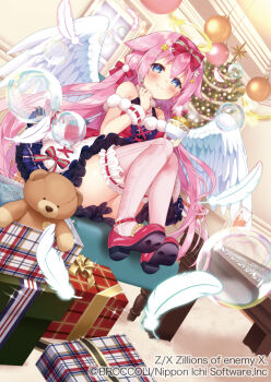 1girl :t blue_eyes bow box bubble chair christmas_tree copyright_notice cup drinking_glass feathered_wings feathers food fork frilled_thighhighs frills gift gift_box hair_bow hair_ornament hairclip holding holding_cup holding_fork indoors long_hair marie_(z/x) official_art on_chair open_mouth pico_(p_i_c_o) pink_hair pink_thighhighs red_bow red_shoes santa_costume shoes sitting solo sparkle star_(symbol) star_hair_ornament stuffed_animal stuffed_toy sweets table teddy_bear thighhighs white_feathers window wings z/x