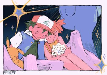 1boy 1girl artist_name ash_ketchum baseball_cap black_hair blanket blue_jacket border closed_eyes fairybees gen_1_pokemon gen_2_pokemon green_shirt hat holding holding_pokemon jacket lapras misty_(pokemon) nintendo open_clothes open_jacket open_mouth orange_hair pikachu pokemon pokemon_(anime) pokemon_(classic_anime) pokemon_(creature) pokemon_rgby shirt short_hair short_sleeves side_ponytail sitting sleeping sleeping_on_person sleeveless sparkle spiked_hair suspenders togepi white_border yellow_shirt