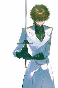 1boy black_gloves black_shirt brown_hair closed_mouth coat code_geass cowboy_shot gloves green_eyes hair_between_eyes hands_up highres holding holding_sword holding_weapon inair kururugi_suzaku long_sleeves looking_afar male_focus military_uniform own_hands_together pants shirt short_hair sidelocks simple_background solo standing sword two-handed weapon white_background white_coat white_pants white_theme