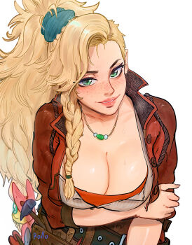 1girl arm_under_breasts artist_name asymmetrical_hair belt blonde_hair braid breasts buttons cleavage collared_jacket commentary english_commentary fingernails freckles gemma_(monster_hunter_wilds) green_eyes hammer hand_on_own_arm high_collar highres jacket jewelry large_breasts leaning_back lips long_hair low-braided_long_hair low-tied_long_hair mature_female monster_hunter_(series) monster_hunter_wilds parted_lips patch pendant red_jacket rollo_(kuyuen1) scoop_neck shirt shoulder_patch side_braid smile solo straight-on sweat tool_belt tools unbuttoned upper_body very_long_hair