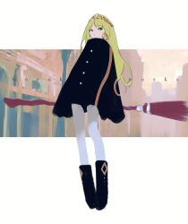 Rule 34 | 1girl, :o, black cloak, black footwear, blonde hair, boots, broom, cloak, commentary, dot nose, earrings, from below, full body, goroku, highres, holding, holding broom, hoop earrings, jewelry, long hair, looking to the side, original, pantyhose, parted bangs, pigeon-toed, single earring, sleeves past fingers, sleeves past wrists, solo, standing, thick eyelashes, three quarter view, white background, white pantyhose, yellow eyes