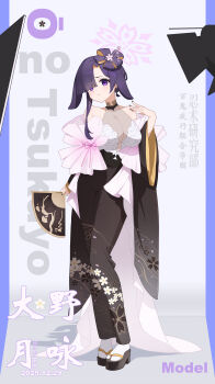 1girl absurdres animal_ears black_dress black_nails black_sandals blue_archive breasts brown_hair closed_mouth collarbone commentary_request covered_collarbone dress floppy_ears flower-shaped_hair folding_fan full_body hair_over_one_eye hand_fan hand_up hide21find57 highres holding holding_fan large_breasts long_hair multicolored_hair nail_polish purple_eyes purple_hair rabbit_ears sandals socks solo standing tabi translation_request tsukuyo_(blue_archive) tsukuyo_(dress)_(blue_archive) two-tone_hair white_socks zouri