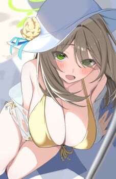 1girl absurdres bikini blonde_hair blue_archive blush breasts cleavage commentary_request flower from_above front-tie_bikini_top front-tie_top green_eyes green_halo halo hat hat_flower highres huge_breasts long_hair looking_at_viewer looking_up mizumok1 nonomi_(blue_archive) nonomi_(swimsuit)_(blue_archive) official_alternate_costume open_mouth shade side-tie_bikini_bottom solo sun_hat swimsuit upturned_eyes white_hat yellow_bikini yellow_flower