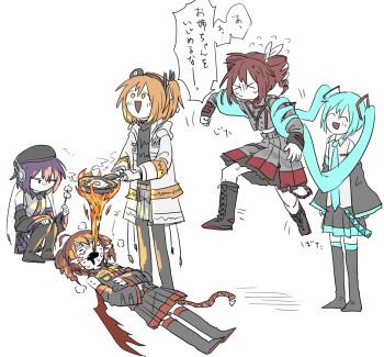 >_< 5girls ^_^ a.i._voice adachi_rei aqua_hair beret black_footwear black_skirt blush boots breath closed_eyes coat detached_sleeves egg fire flying_sweatdrops food frying_pan gloom_(expression) grey_jacket grey_skirt hairband hat hato_no_mune_wo_momitai hatsune_miku headgear highres holding holding_frying_pan jacket jitome kasane_teto kasane_teto_(sv) kasane_teto_(utau) lace-up_boots long_hair long_sleeves lying marshmallow miniskirt multiple_girls no_mouth on_back one_side_up open_clothes open_coat open_mouth orange_eyes orange_hair prehensile_tail red_eyes short_hair simple_background skirt smile speech_bubble squatting synthesizer_v tail thigh_boots translation_request twintails utane_uta utau vocaloid white_background white_coat