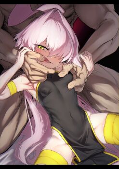 1boy 1girl black_dress blush breasts clothed_female_nude_male covered_navel dress finger_in_another&#039;s_mouth grabbing_another&#039;s_breast groping hetero highres long_hair looking_at_viewer nude original pink_hair rikudo_yayoi sawtatsu size_difference small_breasts spread_legs very_long_hair yellow_eyes