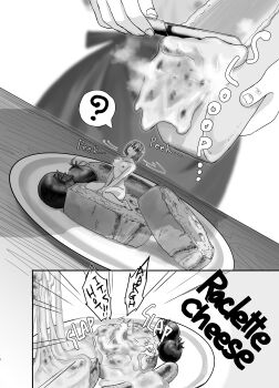 1girl ? asatsug asphyxiation bread burning cannibalism cheese cheese_wheel completely_nude drowning female_focus food greyscale in_food knife mini_person minigirl monochrome nude sausage solo spoken_question_mark tomato vore