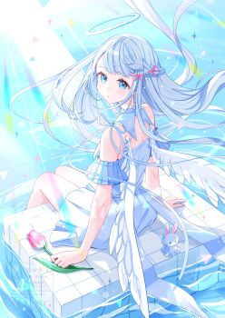 1girl angel angel_wings bare_shoulders blue_eyes bow commentary_request detached_sleeves dress feathered_wings flower grey_hair hair_bow halo highres long_hair looking_at_viewer original parted_lips pink_bow pink_flower pink_tulip short_sleeves sitting sleeveless sleeveless_dress solo tulip watermark white_dress white_halo white_sleeves white_wings wings yutukicom
