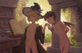 1boy 1girl bigrbear black_collar black_hair blonde_hair blue_eyes book breasts brown_eyes brown_hair choker cleft_of_venus collar cuffs demon_boy demon_horns demon_tail demon_wings flaccid flask hat highres horns kiss kissing_hand loli looking_at_another naked_robe navel navel_piercing nipples nude open_book open_clothes open_robe original penis piercing pointy_ears pussy robe shackles short_hair shota small_breasts small_penis tail tattoo testicles uncensored wand wings witch witch_hat