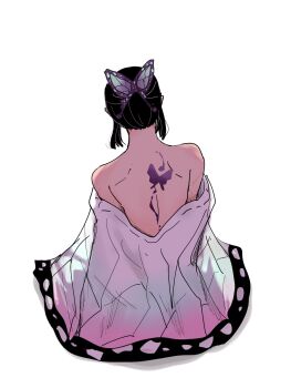 1girl bare_shoulders butterfly_hair_ornament butterfly_tattoo commentary_request from_behind hagi_16 hair_ornament haori highres invisible_chair japanese_clothes kimetsu_no_yaiba kochou_shinobu off_shoulder short_hair simple_background sitting solo tattoo white_background