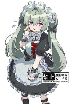 Rule 34 | 1girl, apron, belt, black dress, boots, chain, commentary request, corin wickes, cowboy shot, cuffs, dress, flying sweatdrops, green hair, hair between eyes, knee boots, long hair, looking at viewer, maid, maid apron, maid headdress, mochi (fmg2 ep), puffy short sleeves, puffy sleeves, purple eyes, screw hair ornament, short sleeves, simple background, solo, twintails, white background, zenless zone zero