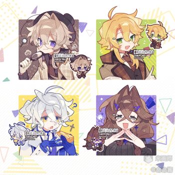 2boys 2girls :3 :d absurdres ahoge black_hat black_sweater blonde_hair blue_gloves brown_eyes brown_hair brown_jacket brown_necktie cheese chibi closed_mouth commission crossed_bangs double-parted_bangs fang fang_out fangs food food_on_face gloves green_eyes grey_hair hair_between_eyes hair_intakes hat highres holding holding_food holding_magnifying_glass jacket lapels long_hair looking_at_viewer magnifying_glass meimei_(wakamoid) mihuashi_username multiple_boys multiple_girls multiple_views necktie open_clothes open_jacket open_mouth original plaid_clothes plaid_lapels portrait purple_eyes smile sweater thank_you white_hair white_jacket yellow_eyes