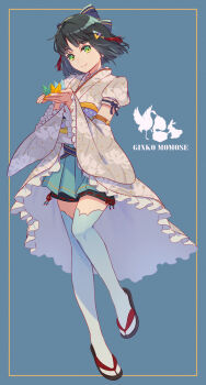 1girl black_hair black_sandals blue_bow blue_skirt blue_thighhighs blunt_bangs blunt_ends bob_cut bow character_name closed_mouth commentary_request detached_sleeves green_eyes grey_kimono hair_bow highres holding japanese_clothes kimono link!_like!_love_live! long_sleeves looking_at_viewer love_live! love_live!_series_official_card_game macken666 miniskirt momose_ginko official_alternate_costume origami over-kneehighs paper_crane pleated_skirt puffy_short_sleeves puffy_sleeves sandals short_hair short_sleeves skirt smile solo split_mouth thighhighs virtual_youtuber wide_sleeves