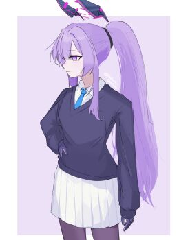 Rule 34 | 1girl, black gloves, blue archive, blue necktie, collared shirt, commentary request, gloves, halo, highres, hukuro kasiwa, long hair, long sleeves, multicolored gloves, necktie, pantyhose, pink halo, pleated skirt, ponytail, purple eyes, purple hair, shirt, simple background, skirt, solo, two-tone gloves, utaha (blue archive), white shirt, white skirt