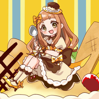 1girl :d blush bow brown_dress brown_eyes brown_hair brown_socks cherry commentary_request dress food fruit full_body hair_bow high_heels highres holding holding_spoon ichihara_nina idolmaster idolmaster_cinderella_girls idolmaster_cinderella_girls_starlight_stage in_food long_hair looking_at_viewer mini_person minigirl open_mouth orange_bow pudding puffy_short_sleeves puffy_sleeves rino_cnc shoes short_sleeves sitting smile socks solo spoon striped_bow very_long_hair yellow_shoes