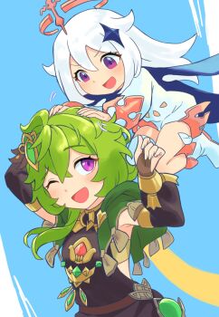 Rule 34 | 2girls, :d, ahoge, arms up, black dress, black sleeves, blue background, blue cloak, blush, bra, bridal gauntlets, capelet, cloak, collei (genshin impact), commentary request, crossed bangs, crown, detached sleeves, dress, flying, full body, genshin impact, green bra, green capelet, green hair, hair between eyes, hair ornament, hands on another's head, highres, long hair, long sleeves, looking at another, medium hair, mochihuman, multiple girls, one eye closed, open mouth, paimon (genshin impact), purple eyes, shoes, smile, star (symbol), star hair ornament, underwear, upper body, vision (genshin impact), white dress, white hair, white shoes