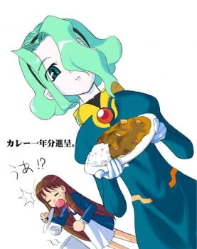 2girls =_= apron bow brown_hair curry d_(dual!_parallel_trouble_adventure) dual!_parallel_trouble_adventure food green_eyes green_hair hair_over_one_eye hairband ladle long_hair multiple_girls pale_skin sanada_mitsuki skirt