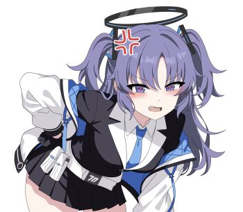 1girl absurdres anger_vein black_gloves black_halo black_skirt blue_archive blue_necktie blush breasts choon_sik2 commentary_request gloves hair_ornament halo highres jacket jacket_partially_removed korean_commentary long_hair long_sleeves looking_at_viewer mechanical_halo medium_breasts necktie open_mouth pleated_skirt purple_eyes purple_hair red_pupils shirt simple_background skirt solo teeth triangle_hair_ornament two-sided_fabric two-sided_jacket two_side_up upper_teeth_only white_background white_shirt yuuka_(blue_archive)