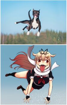 1girl black_ribbon black_serafuku blonde_hair blue_background breasts dog gradient_background hair_flaps hair_ornament hair_ribbon hairclip highres jougenmushi kantai_collection large_breasts lazy_eye long_hair miniskirt open_mouth photo-referenced photo_inset pleated_skirt red_eyes reference_inset reference_photo reference_work ribbon scarf school_uniform serafuku skirt smile solo teeth tongue tongue_out white_scarf yuudachi_(kancolle) yuudachi_kai_ni_(kancolle)