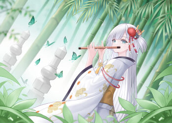 1girl azur_lane bamboo bamboo_forest blue_butterfly blue_eyes bug butterfly commentary_request dutch_angle flower flute forest from_side hair_flower hair_ornament highres insect instrument japanese_clothes kimono long_hair long_sleeves music nature playing_flute playing_instrument red_flower sash shoukaku_(azur_lane) solo spider_lily tina_(tinafya) very_long_hair white_hair white_kimono wide_sleeves yellow_sash